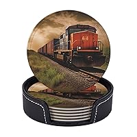 Round Coasters for Drinks Set of 6, PU Leather Coasters with Holder, 4