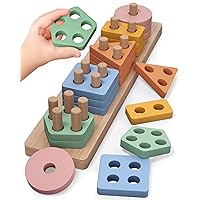 PEBIRA Montessori Toys for 1 2 Year Old, Wooden Sorting and Stacking Toys for Toddlers, Baby Shape Sorter and Color Stacker Blocks for Toddler, Preschool Learning Toy, Gift for 12-18 Month Boys Girls