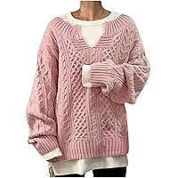 Sale Women Cable Sweaters Casual Long Sleeve Knitted Pullover Tops Loose Long Sleeve Chunky Jumper Warm Sweater Blouse Suéter Oversize Con Pink
