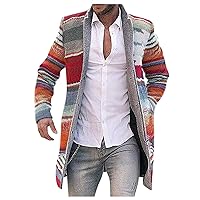 Aztec Print Trench Coat for Men Notched Lapel Single Breasted Pea Coat French Woolen Coat Big & Tall Cardigan Sweater