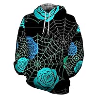 Mens Halloween Hoodies Spider Web Print Hoody Novelty Graphic Hooded Sweatshirts Relaxed Fit Fleece Pullover Sweater