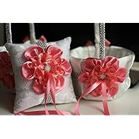 | Big Flower Collection | 1 Persimmon Ivory Ring Bearer Pillow & 2 Wedding Flower Girl Basket Set