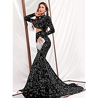 2023 Women's Dresses Cut Out Waist Mermaid Hem Sequin Prom Dress Women's Dresses (Color : Black, Size : X-Large)