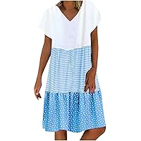 Womens Summer Dresses Casual V Neck Short Sleeve Dress Color Block A-Line Flowy Dress Ruffle Spring Tshirt Dress