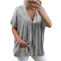 Women's Summer Glitter Sequins T-Shirts Oversized Short Sleeve V Neck Tops Trendy Casual Loose Fit Pullover Blouses