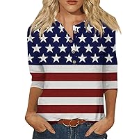 New Button Round Neck Blouse Womens Daily 3/4 Sleeve Tunic Dressy Independence Day Print Tee Casual Plus Size Tops