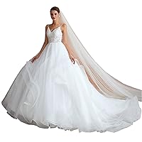 Women's Spaghetti V-Neck Applique Lace-up Tulle Wedding Dress