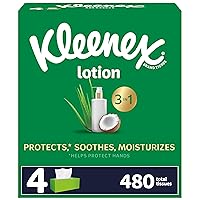 Kleenex Soothing Lotion Facial Tissues with Coconut Oil, 4 Flat Boxes, 120 Tissues per Box, 3-Ply (480 Total Tissues), Packaging May Vary
