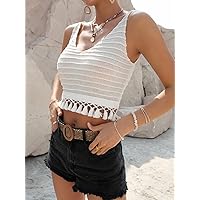 Women's Tops Sexy Tops for Women Shirts Tassel Trim Crop Tank Knit Top Shirts for Women (Color : White, Size : Large)