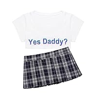 Womens Naughty Schoolgirl Lingerie Set Yes Daddy Letter Printed Tops Mini Plaid Pleated Skirt