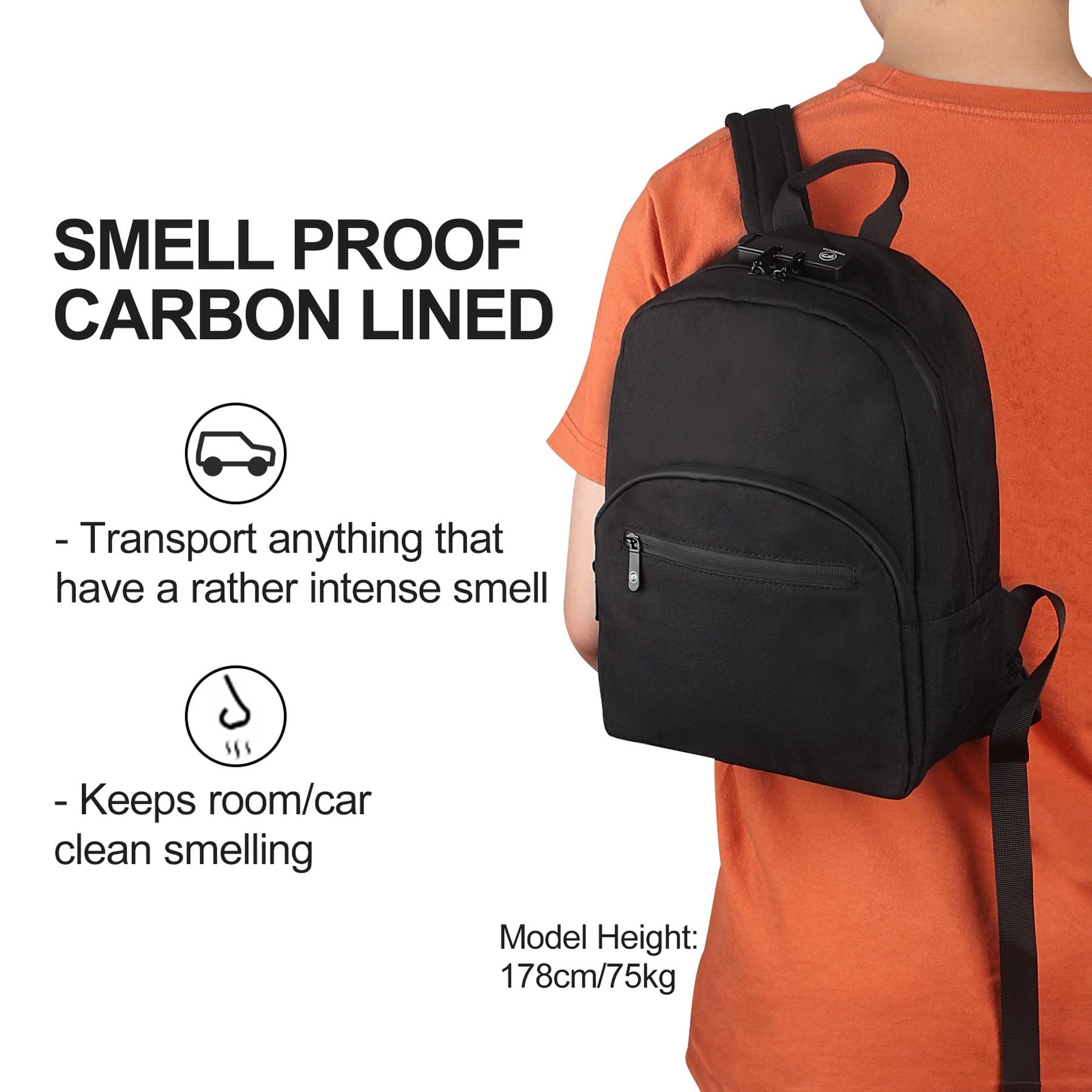 FIREDOG Mini Smell Proof Backpack with Lock for Men Women, Smell Proof Bookbag for Travel (Black)