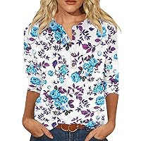 3/4 Sleeve Tops for Womens V Neck Button Down Blouse Casual Loose Tunic Trendy Floral Spring Shirt Plus Size Blouse