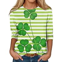Women's St. Patrick's Day 3/4 Sleeve Round Neck Green Shamrock Print Top, Soft Loose Blouse Tees