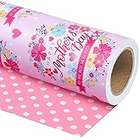 WRAPAHOLIC Reversible Mother's Day Wrapping Paper - Mini Roll - 17 Inch X 33 Feet - Happy Mother's Day and Flower Design, Perfect for Party, Holiday, Wedding, Baby Shower
