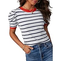 Dokotoo Women's Short Puff Sleeve Knit Tops 2024 Trendy Crewneck Striped T Shirts Casual Summer Blouses