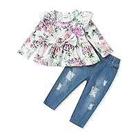 YALLET Baby Girl Clothes Infant Toddler Girl Outfits Ruffle Top+Ripped Denim Jeans Pants Set