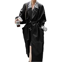 Women’s Black Genuine Sheepskin Trench Coat - Notched Lapel Collar, Kimono Style Belt, And Oversized Elegance