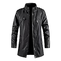 Leather Jackets Mens Stand Collar Steampunk Motorcycle Jackets Faux Pu Leather Mid-Length Windbreaker Trench Coat