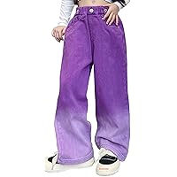 Kids Girls Wide Leg Jeans Elastic Waist Denim Pants Casual Ripped Baggy Trousers Straight Distressed Bootcut Bottom