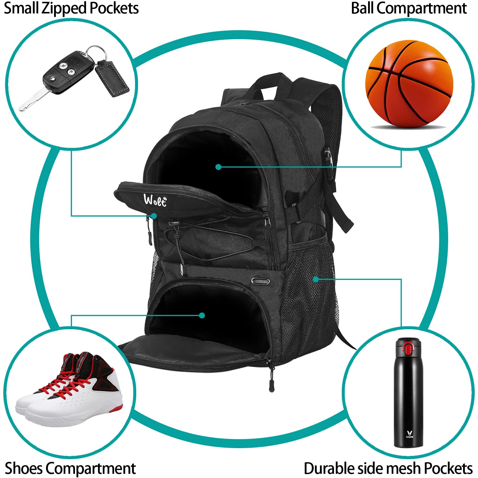 WOLT | Basketball Backpack Large Sports Bag with Separate Ball holder & Shoes compartment, Best for Basketball, Soccer, Volleyball, Swim, Gym, Travel