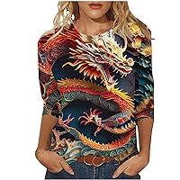 Dragon Year Gift Shirts for Women Chinese Traditional Dragon Graphic 3/4 Sleeve Tunic Tops 2024 Spring Casual Crewneck Blouse
