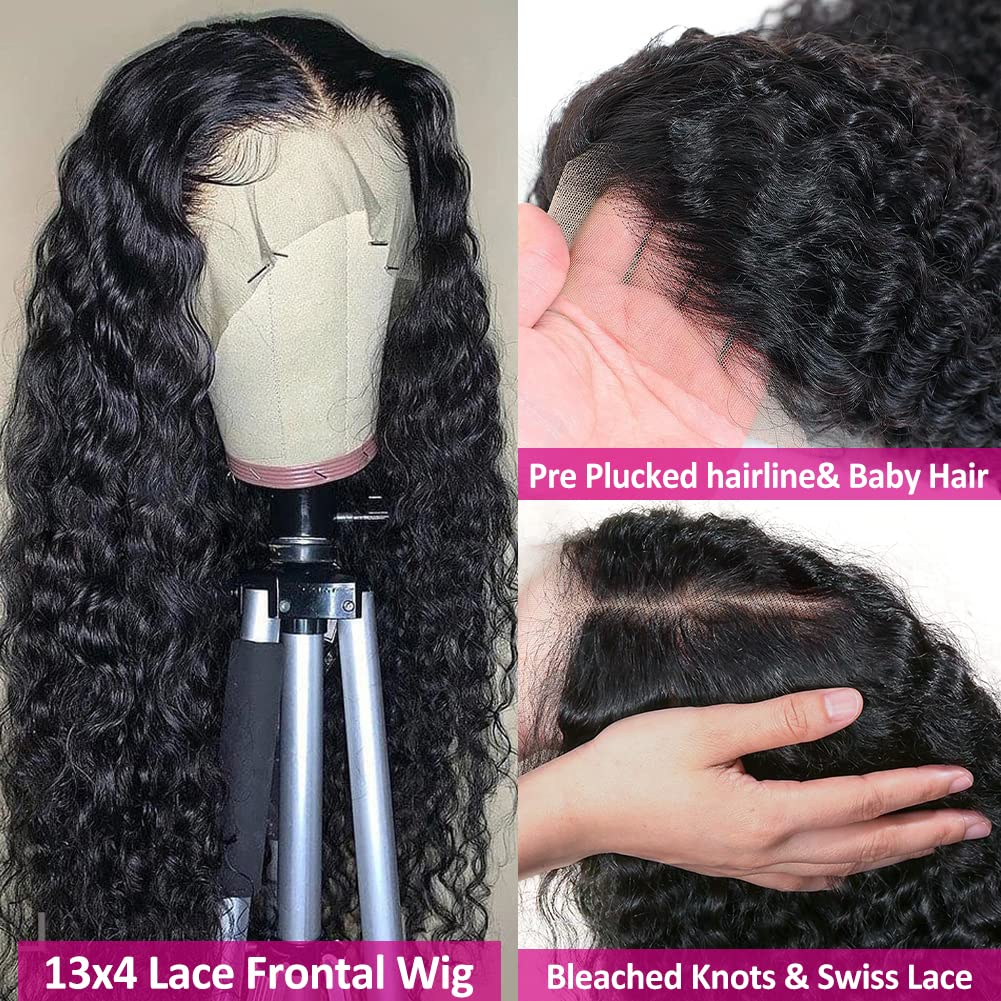 Pizazz Deep Wave Lace Front Wigs Human Hair 180 Density Brazilian Human Hair Wigs with Baby Hair Pre Plucked Natural Hairline(18 Inch, Black color)