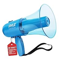 Pyle 30W Water Proof Megaphone Siren Bullhorn Speaker, Battery Portable Bullhorn for Indoor & Outdoor Use, 500 Square Yards Range,4 C Batteries Needed Record Siren/Music (Transparent Blue)