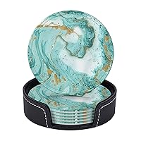 Leather Coasters for Drinks Set of 6 Teal and Gold Marble Coasters for Coffee Table with Holder, Easy to Clean Thick Heat-Resistant Round Coasters Tabletop Protection for Any Table Type