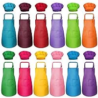 12 Pieces Kids Apron and 12 Pieces Chef Hat, Adjustable Children's Bib Apron Boys Girls Aprons with Pockets Chef Costume (Multicolor)