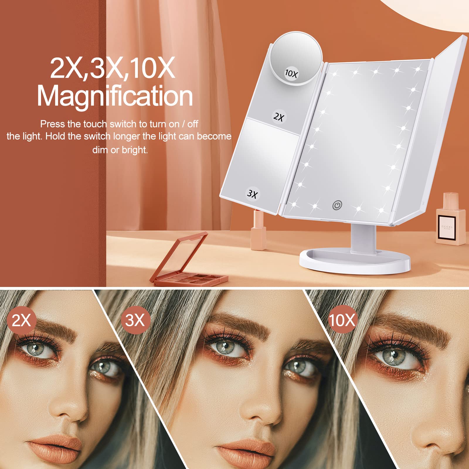 Makeup Mirror with Lights, Vanity Mirror with 1X 2X 3X Magnification, Lighted Makeup Mirror, Trifold Makeup Mirror, Touch Control, Dual Power Supply, Portable LED Makeup Mirror, Women Gift (White)