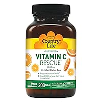 Country Life Buffered Vitamin C Rescue, Supports Immune Health, 1,000mg, 200 Tablets, Certified Gluten Free, Certified Vegan