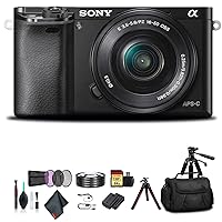 Sony Alpha a6000 Mirrorless Camera with 16-50mm Lens Black with Soft Bag, Additional Battery, 64GB Memory Card, Card Reader, Plus Essential Accessories (Renewed)
