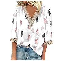 Ladies Summer Tops and Blouses 2023,Womens Fall 3/4 Sleeve V Neck Shirt Casual Loose 3/4 SleeveTops Elbow Length Tee
