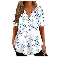 Womens Short Sleeve Tunic Tops Henley Shirt V-Neck Button Up Blouse Casual Floral Printed Basic Pullover Tees