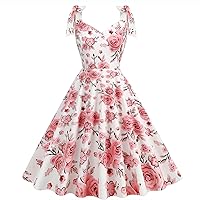 Vintage Tea Party Dress for Women 1950's Floral Swing Dress Bow Tie Strap Sleeveless V Neck A-Line Cocktail Party Dress