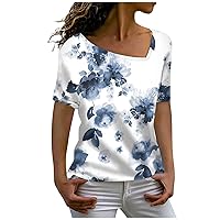 Women's Printed L-Neck Short Sleeve Top Blouse Summer Fashion Casual Tees Basic Loose Comfortable Bottom T Shirt