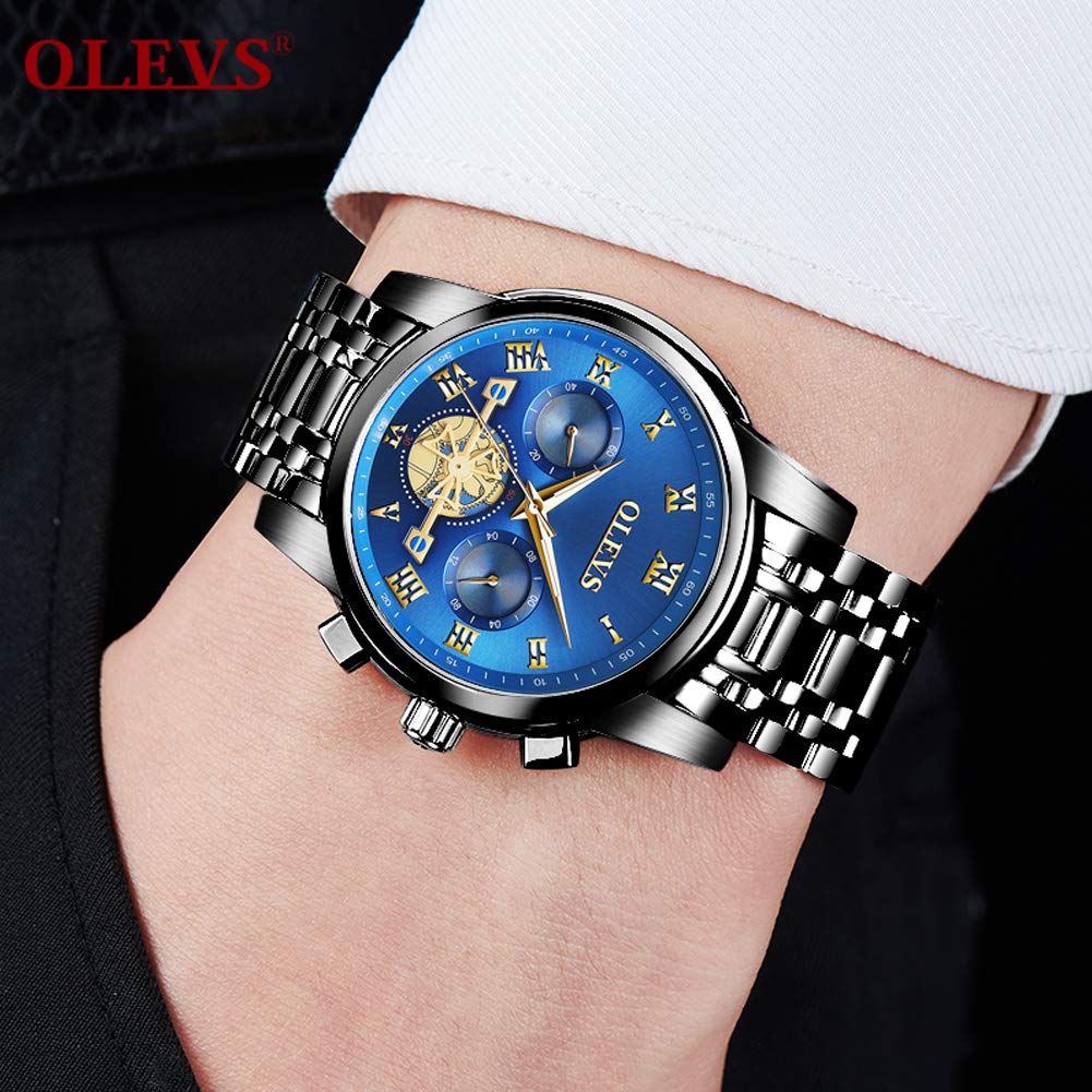 OLEVS Men’s Watch Analog Quartz Movement Business Stainless Steel Waterproof Luminous Chronograph Day Date Luxury Dress Business Big Face Rome Number Diamond Dial Male Wrist Watches