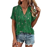 Lounges Going Out Short Sleeve Shirt Female Independence Day Flowy Button Printed Shirts Women V Neck Polyester Green L