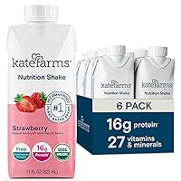 KATE FARMS Organic Nutrition Shake, Strawberry, 16g protein, 27 Vitamins and Minerals, Protein Meal Replacement Drink, Plant Based, 11 oz (6 Pack)