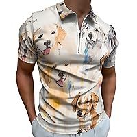 Watercolor Animal Dogs Paint Men's Zippered Polo Shirts Short Sleeve Golf T-Shirt Regular Fit Casual Tees
