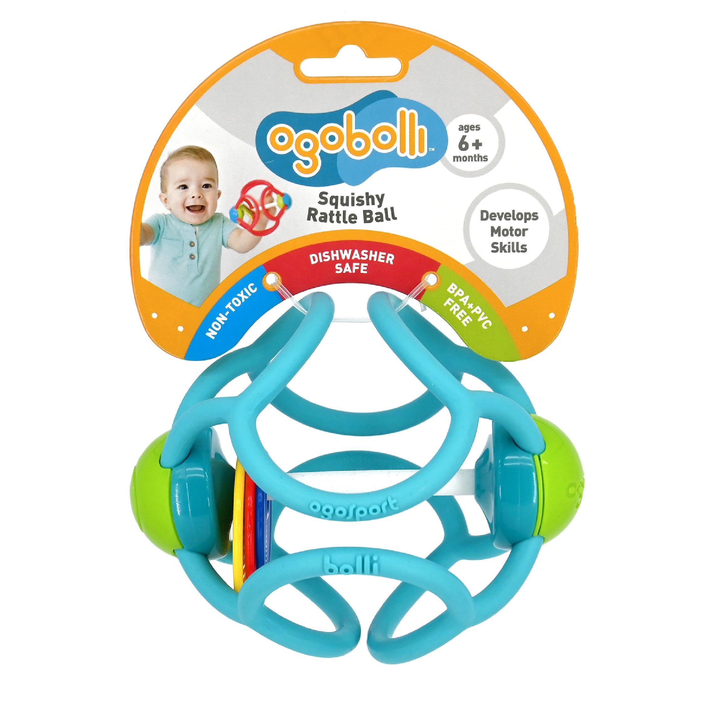OgoBolli Teether Ring Tactile Sensory Ball and Baby Rattle Toy for Babies & Toddlers - Stretchy, Squishy, Soft, Non-Toxic Silicone - Boys and Girls Age 6+ Months - Blue