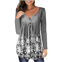 TUNUSKAT Womens Tunic Tops to Wear with Leggings Casual Pleated Hide Belly T Shirts Long Sleeve Button Flowy Henley Blouse