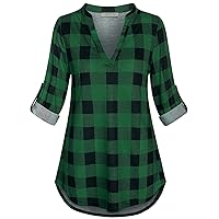 SeSe Code Womens 3/4 Roll Sleeve Plaid Shirt Business Casual Blouses and Tops Dressy for Work