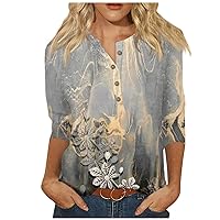 Womens 3/4 Sleeve Summer Tops Button Down Cooling Shirts Graphic Floral Tees Blouses Dressy Casual