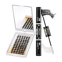 QUEWEL Cluster Lashes with 360° Rotatable Mirror 12-16mm Mix DIY Lash Extensions D Curl Individual Eyelashes Cluster+QUEWEL Lash Bond and Seal, Lash Cluster Glue for DIY Eyelash Extensions
