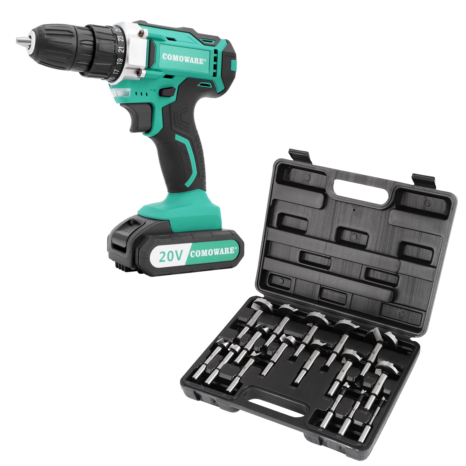 COMOWARE 20V Cordless Drill，Forstner Bit Set