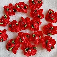 50pcs 30mm Satin Ribbon Flower Bows Rose Polyester Craft Artificial Ornament Applique Fabric Wedding Sewing Handmade DIY Gift Box Decoration (Red)