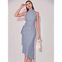 Dresses for Women - Lettuce Trim Textured Dress (Color : Dusty Blue, Size : X-Large)