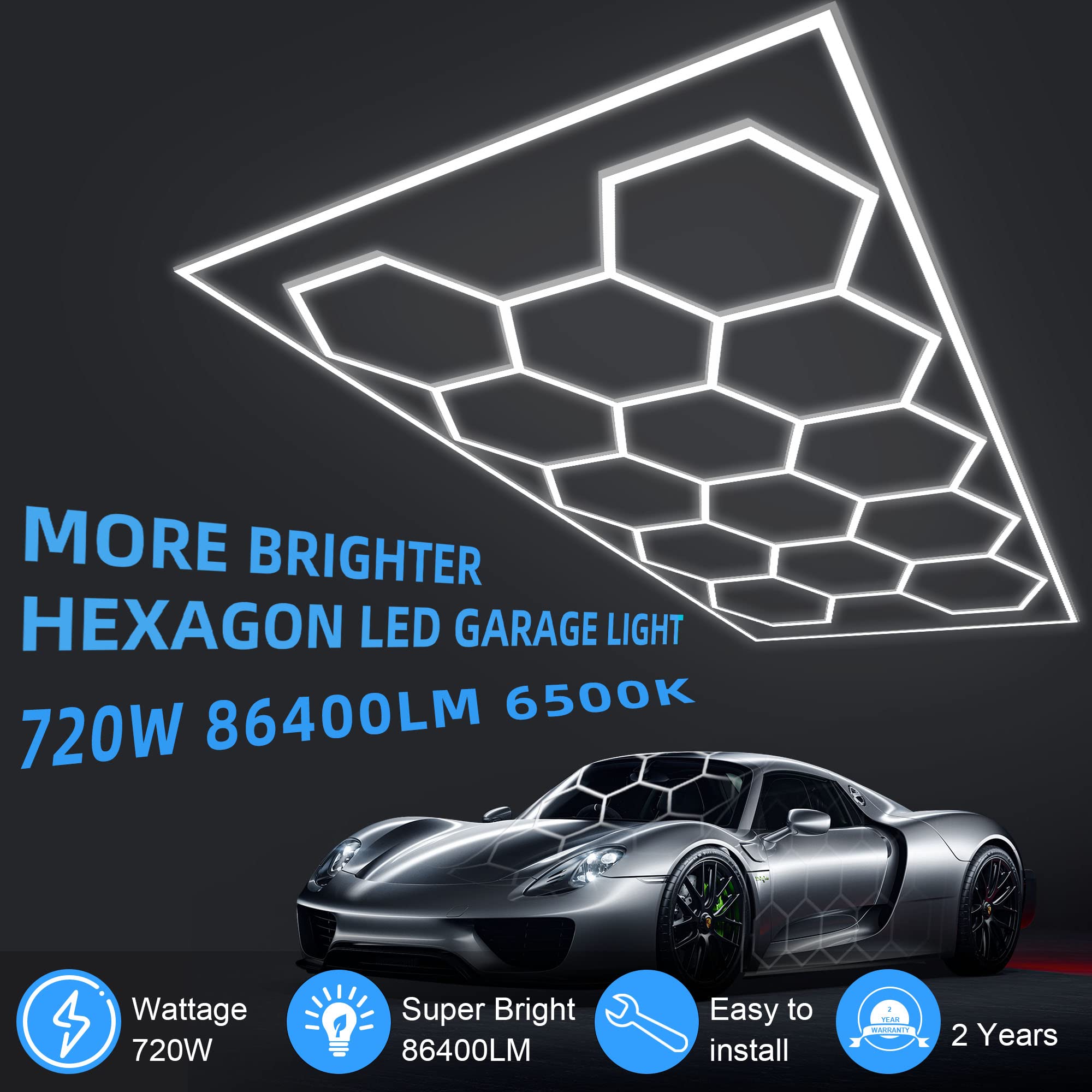 Modern Hexagon Garage Light: Higher Brightness 720W 86400 Lumens Hexagon Led Garage Light with Rectangle Frame 6500K for Garage, Basement, Warehouse, Auto Beauty Shop, Car Detailing Shop etc.