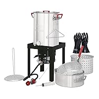 Creole Feast TFK-TG-3001 30 Qt. Turkey and 10 Qt. Fish Boiler Steamer Kit with High Heat-Resistant BBQ Gloves, Outdoor Turkey Fryer Pot with Basket, Burner and Gloves, 50000 BTU Burner, Silver & Black